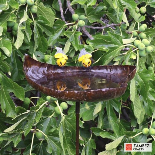 Recycled metal bird feeder yellow birds