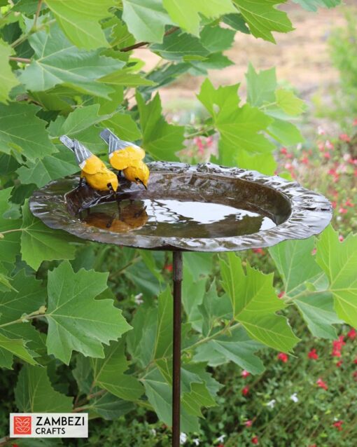 Recycled metal bird feeder yellow birds