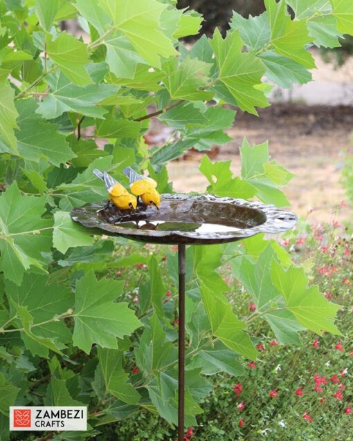 Recycled metal bird feeder yellow birds